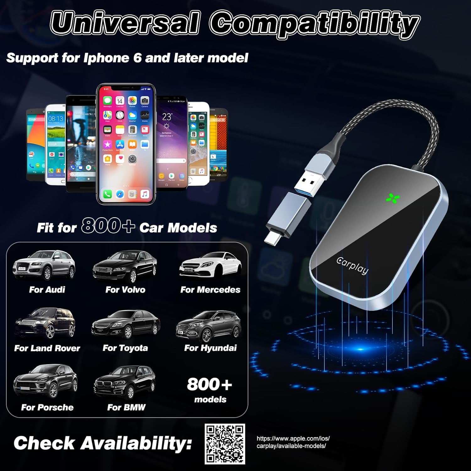 Wireless Carplay, Convert Wired to Wireless Carplay Dongle, Plug & Play USB Adapter for Cars, Seamless Control Adapter for Ios 10+ (Black)