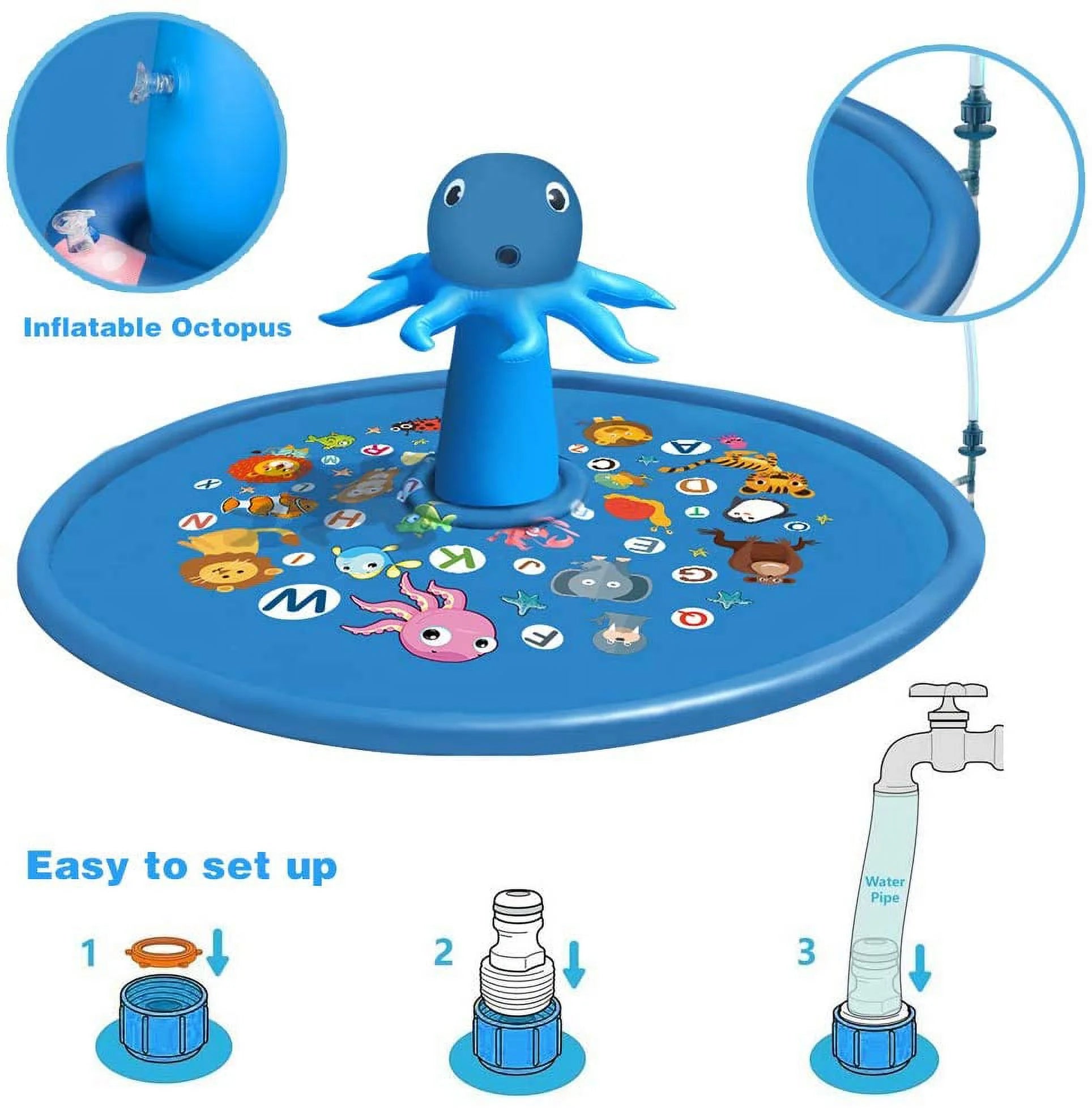 Splash Pads for Toddlers 1-12Y, Sprinkler for Kids, 67" Octopus Inflatable Baby Pool, Outdoor Water Toys, Blue